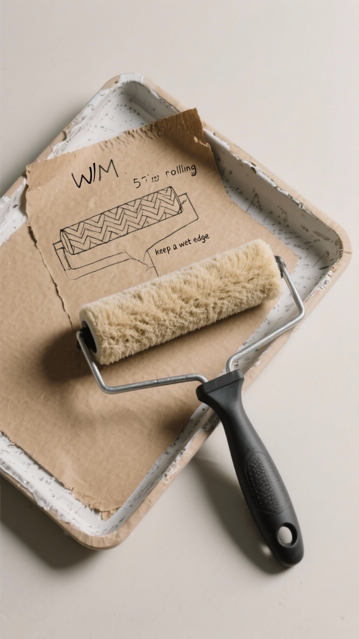 5-inch angled sash brush with tapered bristles for cutting in. A small diagram sketch on kraft paper showing W/M rolling pattern and “keep a wet edge” note. Neutral studio lighting highlighting textures of roller nap, brush bristles, and tray liner.