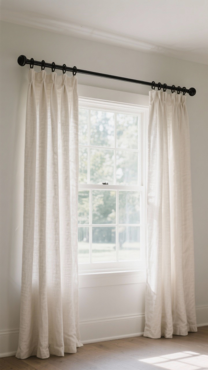 5x fullness. Rod is sturdy (not skinny), finials understated. Fabrics: off-white linen-blend panels, matte black rod, light filtering through to frame the window without blocking. Straight-on perspective, daytime.