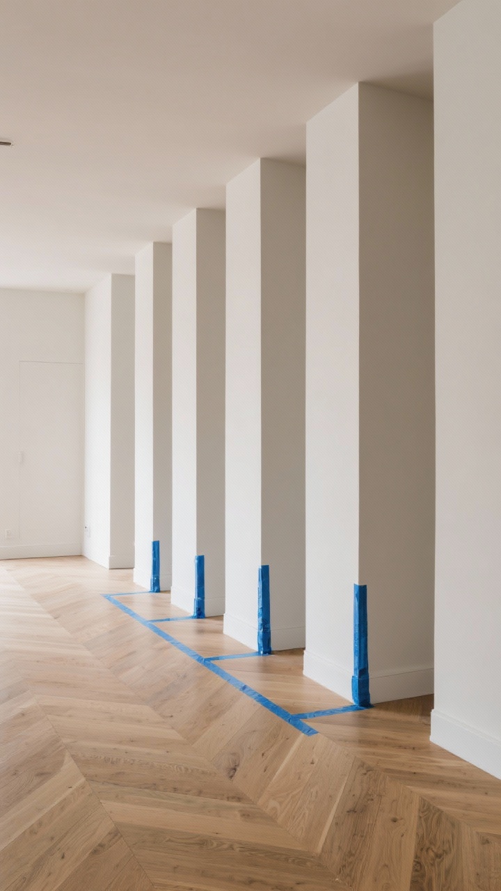 5x the height of their bases. Blue painter’s tape ghost lines visible on the floor in an adjacent area to hint at the pre-measure mapping process. Neutral palette, oak floors, photorealistic.