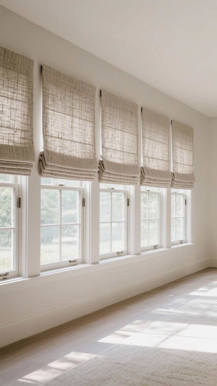 5x window width, skimming the floor with a gentle break; include a glimpse of a textured Roman shade behind; show blackout lining opacity in daylight; neutral fabric tones and refined hardware