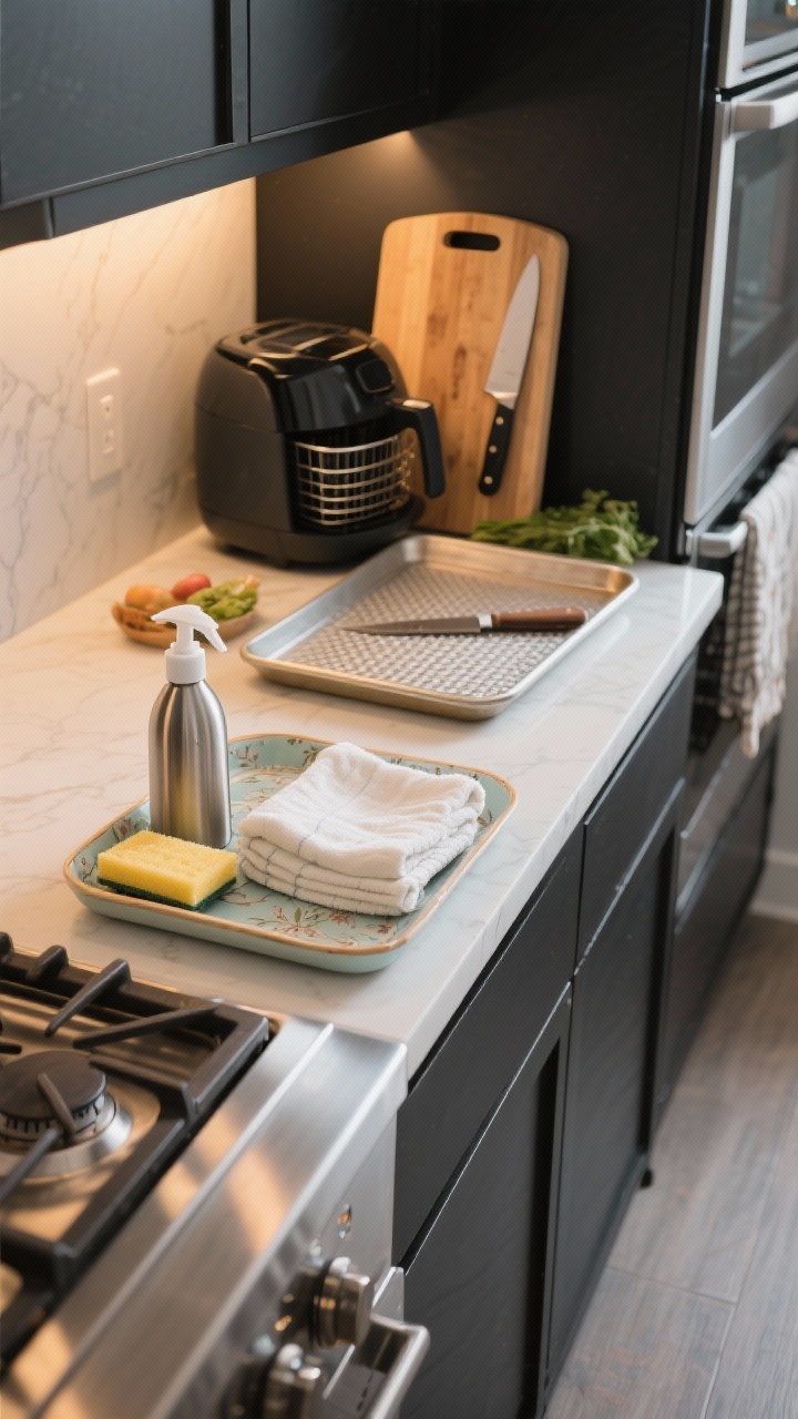 A closeup, countertop-level shot of a small, pretty tray beside a stovetop: a sleek spray bottle, sponge, and folded cotton towel arranged intentionally. In the background, a lined oven tray and a lined air fryer basket sit ready. A knife and cutting board are shown wiped clean between ingredients, and the dishwasher door slightly ajar to imply loading as you cook. Stainless steel, matte black accents, warm under-cabinet lighting reflecting on a clean range, photorealistic.
