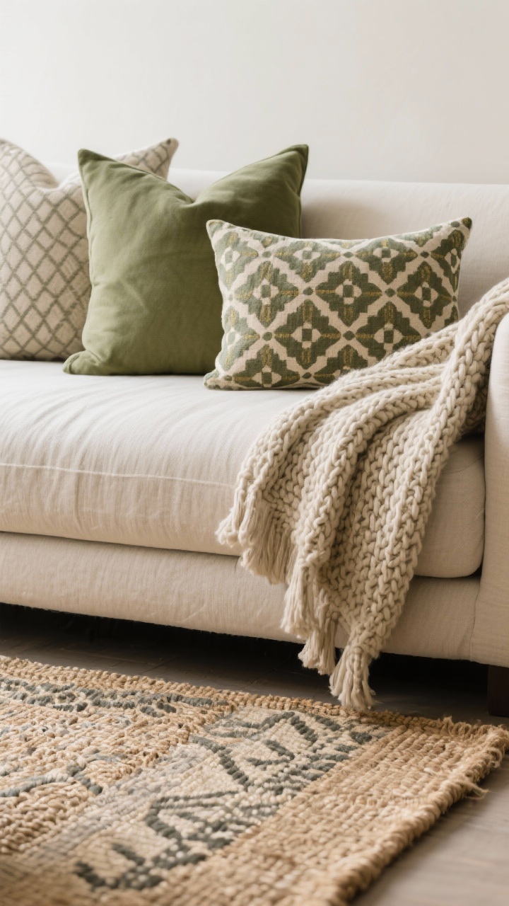 A closeup detail of layered textiles on a sofa: three throw pillows—a solid sage pillow, a small-scale geometric pattern pillow, and a bold patterned pillow—varying in sizes (20-inch square, 18-inch square, and a lumbar), alongside a chunky knit throw draped over the arm. In the foreground, the edge of a large neutral jute rug peeks out with a patterned flatweave layered on top. Lighting is soft and natural, emphasizing fabric weave and texture. Maintain a cohesive three-color palette pulled from the patterned rug. No people, photorealistic.
