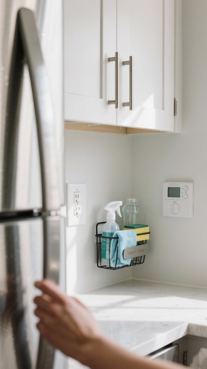 A closeup, hand-height detail of high-touch spots arranged in one frame: stainless fridge handles, upper cabinet pulls, a light switch panel, and a thermostat on a clean painted wall; nearby, a caddy with microfiber cloths, disinfecting spray, glass cleaner, and a magic eraser. Subtle reflections on metal, crisp edges, natural afternoon light grazing surfaces, photorealistic, no people.