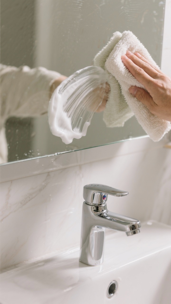 A closeup of a bathroom mirror with a thin layer of classic foam shaving cream being buffed off using a dry microfiber cloth, revealing a streak-free section and subtle anti-fog sheen; leftover cream lightly polished onto chrome faucet below for added shine; remove any gel packaging cues; neutral, bright lighting reflecting off glass and chrome; faint fingerprints and makeup smudges disappearing in the cleaned area.