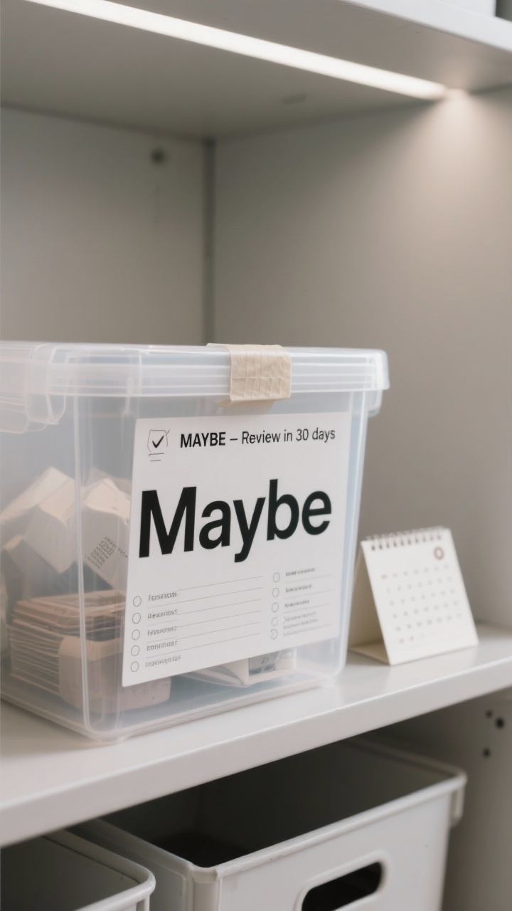 A closeup of a clearly labeled “Maybe” bin on a shelf: translucent lidded bin with a large “MAYBE – Review in 30 days” label, a taped inventory list on the lid, and a minimal number of items inside. A small calendar card beside it with a marked reminder date. Neutral storage area, gentle overhead light; restrained palette of grays and whites to convey calm, decision-light progress.