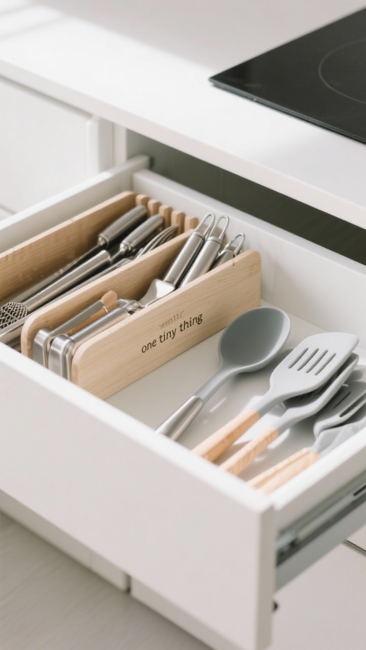 A closeup, overhead detail of a single kitchen utensil drawer as a micro-zone: half the drawer neatly organized with dividers holding frequently used tools; the other half in-progress with extra spatulas and duplicates set aside. Clean white drawer interior, pale wood dividers, stainless steel and silicone textures. Crisp daylight from the left, focus on “one tiny thing” completed and the small win feeling.