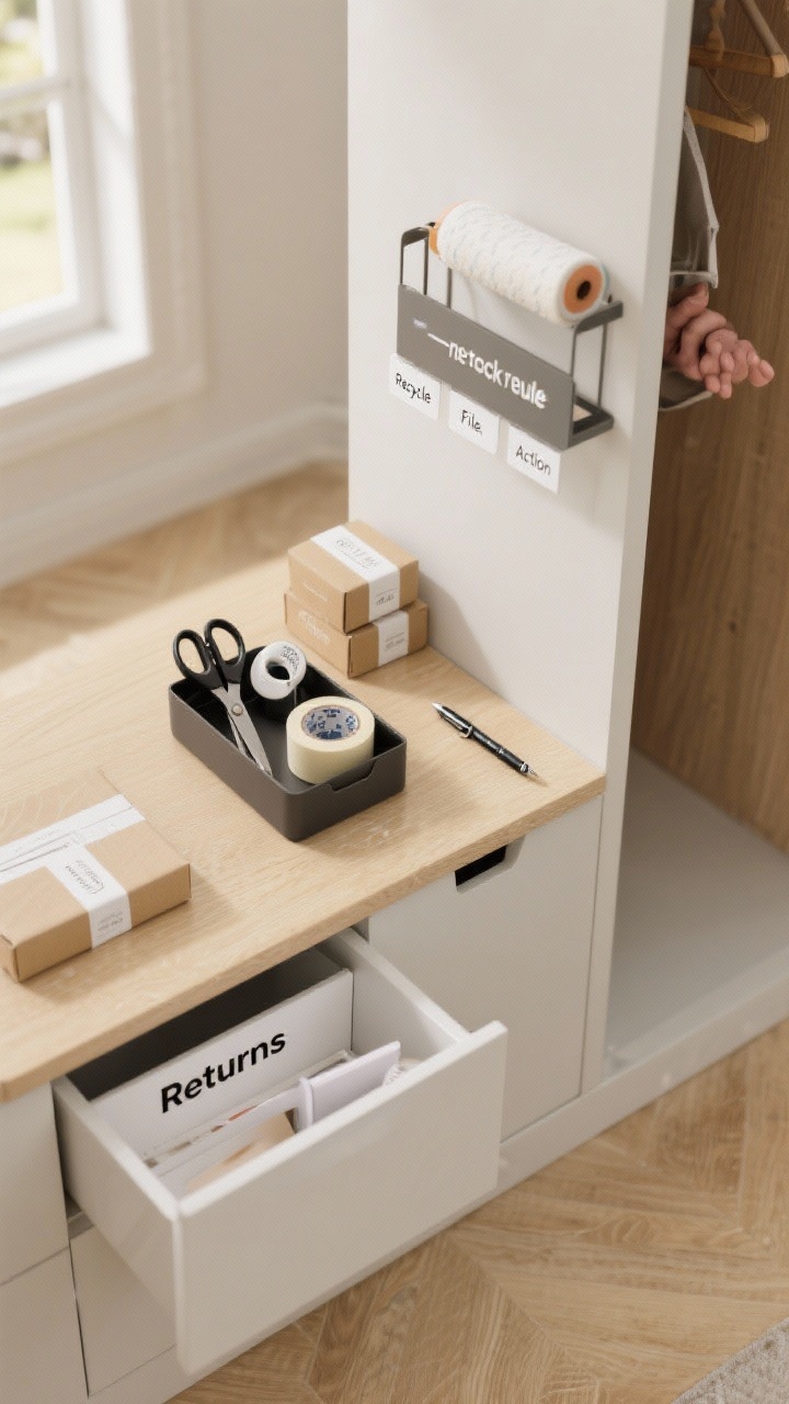 A closeup, overhead detail shot illustrating the one-touch rule: hands absent, just the scene—an entry console with a labeled “Returns” tray, a pair of scissors and tape set beside a small stack of parcels, a pen resting by a mini mail sorter with tabs “Recycle,” “File,” “Action”; a lint roller peeks from a closet caddy edge in frame; crisp labels and tidy landing pads on a pale oak surface, soft morning light, high realism.