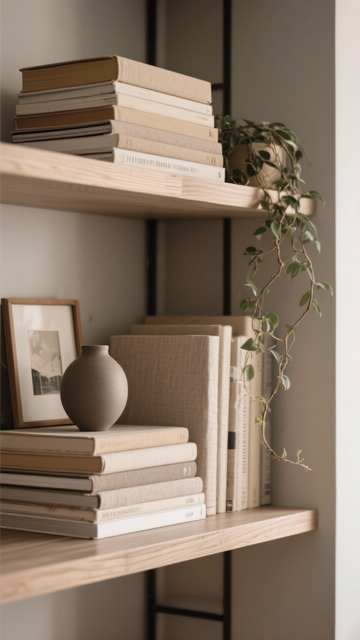 A closeup shelf styling detail: staggered stacks of neutral-spined books (some flipped for a uniform look), a matte ceramic vase, a small framed print tucked in, and a trailing plant; grouped objects in threes with varying heights and textures; soft side lighting accentuating wood grain and linen textures; photorealistic, intimate composition.