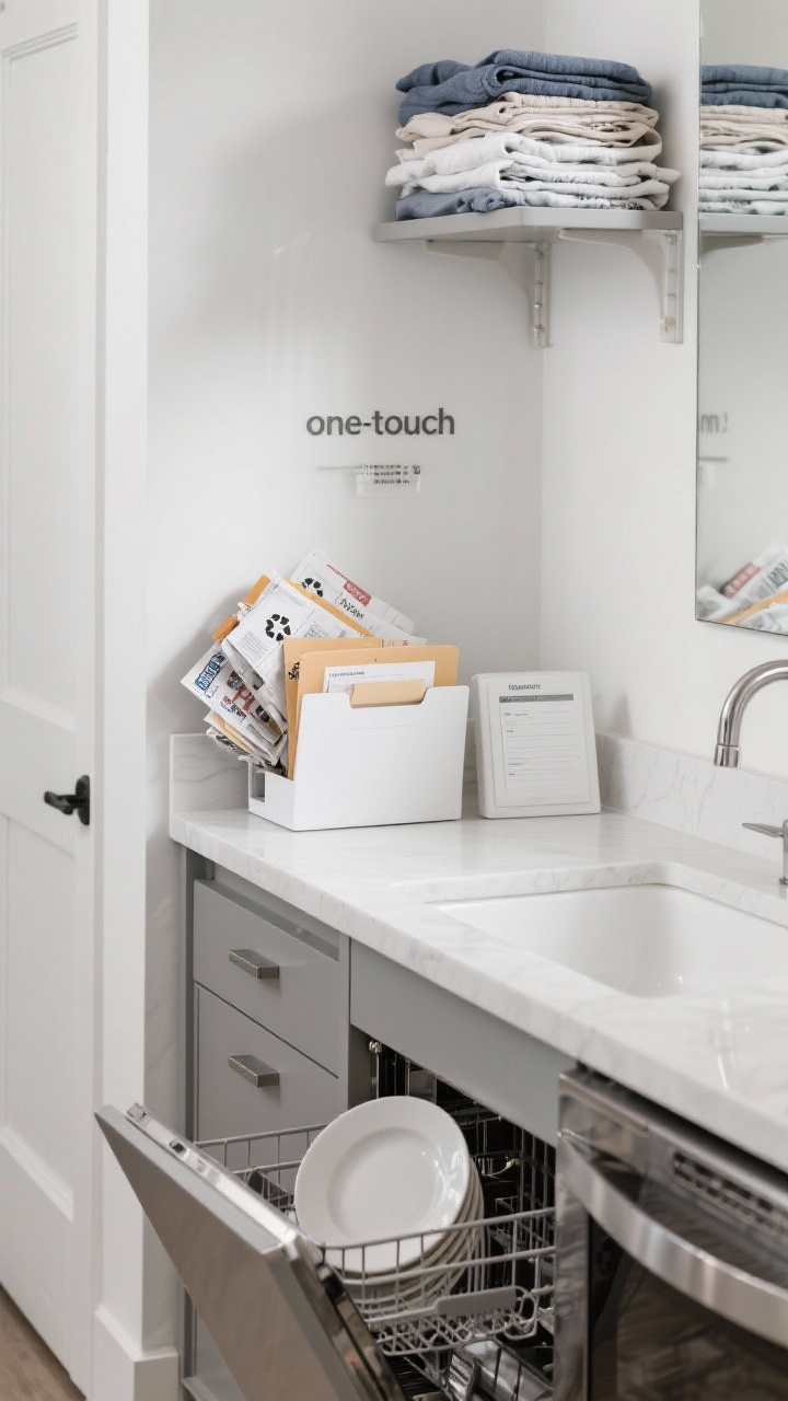 A closeup, straight-on vignette illustrating the “one-touch” rule on a hallway console: sorted mail with junk already stacked for recycling, a small file folder for action items, and no purgatory piles. Nearby, a spotless sink view with a single rinsed dish loaded into a visible dishwasher, and a neatly folded laundry stack on a shelf ready to be put away. Cool, clean lighting, crisp white surfaces and stainless accents; emphasis on final destinations.