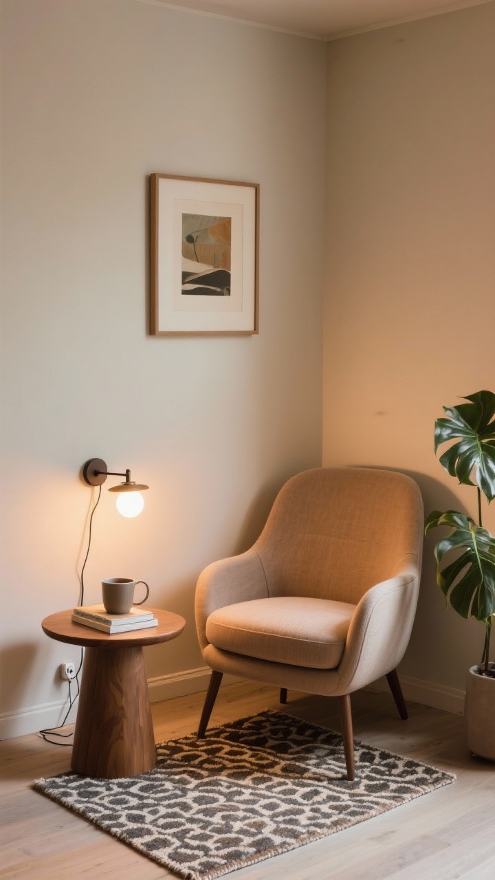 A cozy corner medium shot of a statement nook: a comfy accent chair with curved lines, a petite round side table holding a mug and book, and a plug-in sconce providing focused task light; a small patterned mini rug underfoot and a leafy plant beside; a small piece of art hung overhead; warm, intimate lighting; photorealistic, corner perspective.