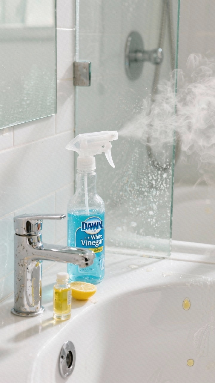 A detail closeup of a clear spray bottle labeled “Dawn + White Vinegar” filled with a blue-and-clear mixture, spritzed onto a glass shower door with visible soap scum melting; warm vinegar steam vibe suggested by slight haze; nearby tub edge shows a faint ring being treated; chrome faucet with hard water spots partially dissolved; a few drops of lemon essential oil bottle beside the spray; bright, clean bathroom lighting with reflective surfaces.