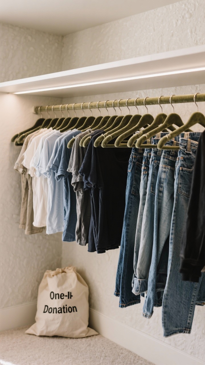A detail closeup of a freshly edited, boutique-style closet zone: a rod segment organized by category and then by color, light-to-dark tees together and denim grouped separately; a labeled donation bag on the closet floor partially visible at the edge, suggesting the one-in, one-out mindset; matching slim velvet hangers create uniformity; neutral backdrop with a hint of soft texture on walls, and calm, even lighting that feels curated and designer-level.