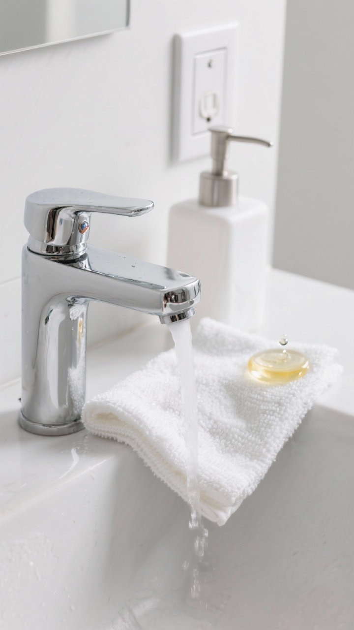 A detail closeup of a handless setup: a microfiber cloth lightly misted with rubbing alcohol lying across a chrome faucet, with spotless reflections and no streaks; nearby items include a soap pump and light switch plate awaiting the same treatment; a tiny drop of baby oil on a separate corner of the cloth for final polish on stainless; crisp, bright lighting that enhances metal gleam; avoid painted surfaces in frame.