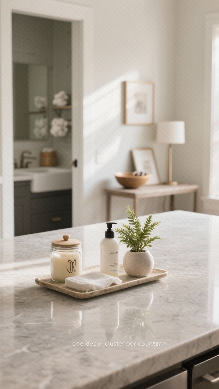 A detail shot of “one decor cluster per counter” on a kitchen island: a single tray with hand soap, lotion, and a small plant; the rest of the surface is clear and reflective. In the blurred background, a bathroom vignette shows a lidded jar for cotton, a candle, and a small canister for hair ties; and on an entry table, a catchall bowl, a slim lamp, and a small artwork leaned against the wall. Neutral palette, subtle stone counter texture, soft morning light, photorealistic.