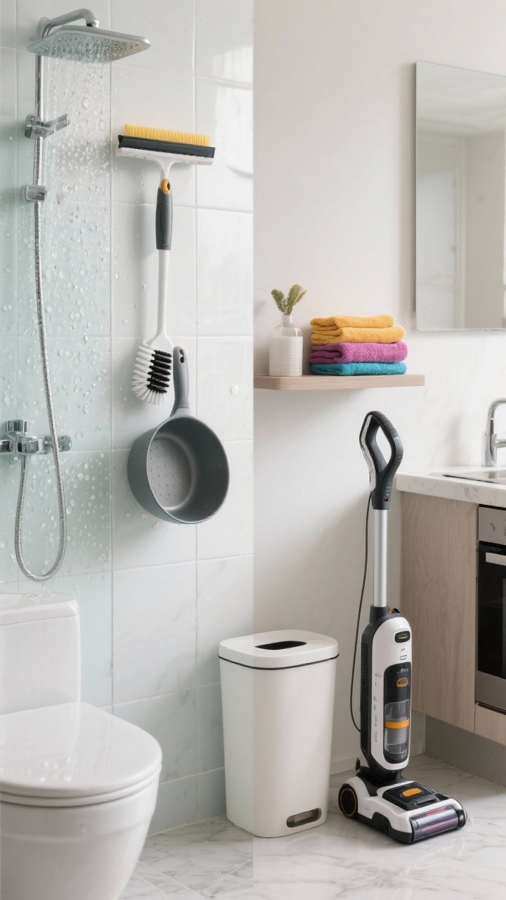 A detailed bathroom and kitchen split-scene composition emphasizing maintenance cleaning tools: a squeegee hanging in a shower with water beads wiped from glass and tile, a stylish brush-and-pan set standing by a kitchen trash can, and a cordless vacuum on a visible dock. A stack of color-coded microfiber cloths sits on a shelf. Clean, bright lighting, minimal soap scum, quick-swish vibe, photorealistic, no people.