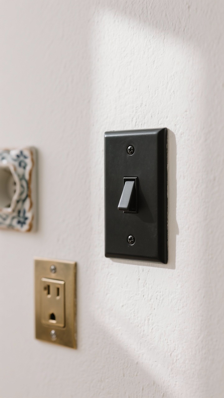 A detailed closeup of a matte black light switch plate on a freshly painted wall, captured straight-on with soft natural light; nearby, an outlet with a brushed brass plate for contrast; subtle wall texture, perfectly aligned screws, and a glimpse of ceramic decorative cover on an adjacent outlet in the background for a cohesive, intentional upgrade vibe.