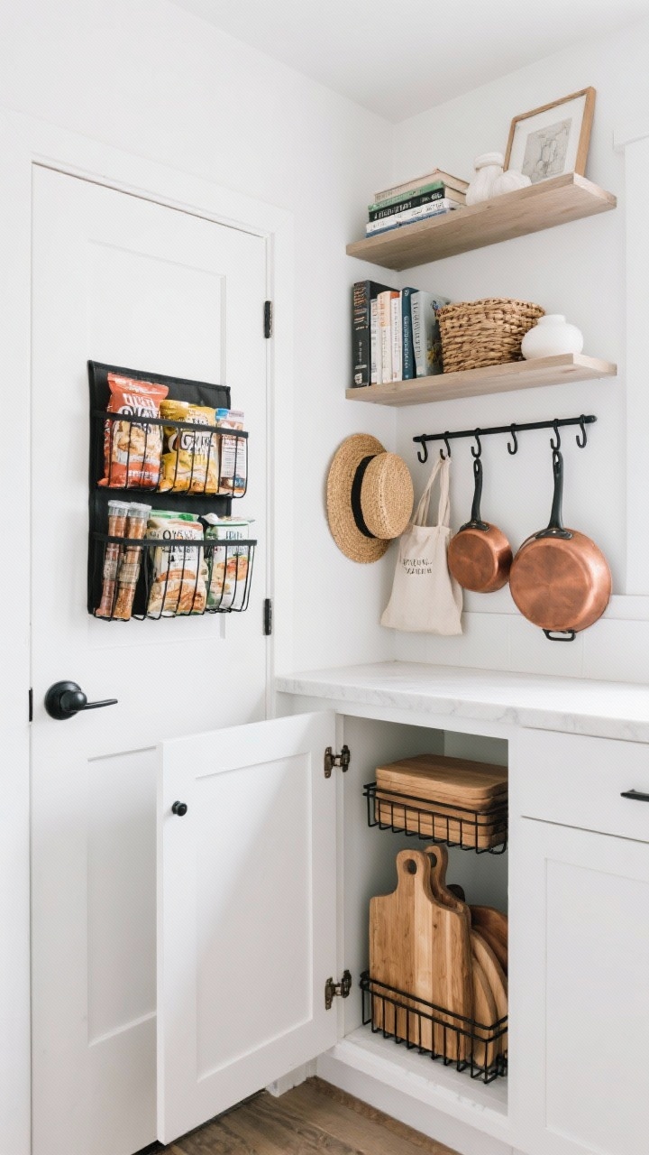 A medium corner angle of vertical storage in a small kitchen: over-the-door organizer on a pantry door holding neatly arranged snacks and spices; wall-mounted hooks and a rail with bags, a straw hat, and a couple of frequently used copper pans; inside-cabinet racks visible with cutting boards and lids slotted upright; floating shelves above with books, light decor, and a basket; heavy items stored low, daily-use at eye level, light decor higher; bright diffuse daylight, matte white walls, black hardware accents.