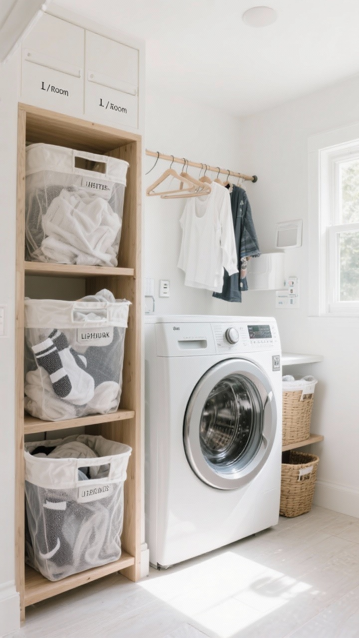 A medium laundry nook scene showing a one-load-a-day routine: a front-load washer running, a dryer stacked or adjacent, divided hampers labeled lights/darks, mesh bags with socks and delicates, and slim hampers in view for bathrooms. A hanging rail with clothes to minimize folding and separate baskets labeled by person/room for easy put-away. Clean white and light wood tones, bright daylight, photorealistic.