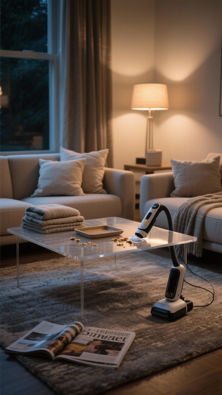 A medium living room night scene capturing the 5-minute reset: fluffed pillows on a neutral sofa, neatly folded throws, a clear coffee table with a simple tray, and crumbs being wiped from the tabletop leaving a spotless shine. A small cordless spot vacuum rests nearby, and a rug looks freshly shaken. Warm lamp light creates a cozy, magazine-spread calm, photorealistic, no people.