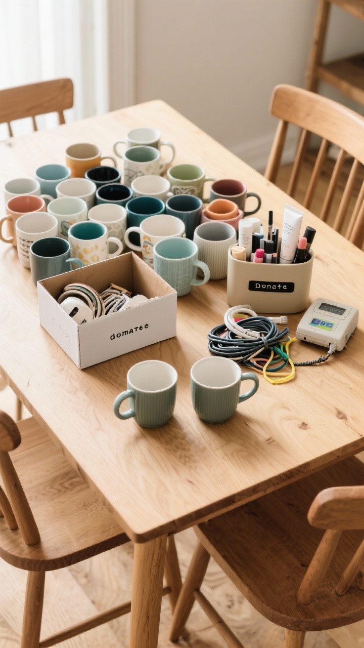 A medium, overhead shot of category decluttering on a dining table: all household mugs arranged by type and color, a curated daily set front and center with two guest mugs, and a donate box containing mismatched or excess mugs. A labeled caddy at the side for skincare/makeup with only daily items, plus a small pile of mystery cords next to a label maker and zip ties. Natural daylight, light oak tabletop, honest, slightly confronting abundance transitioning to order.