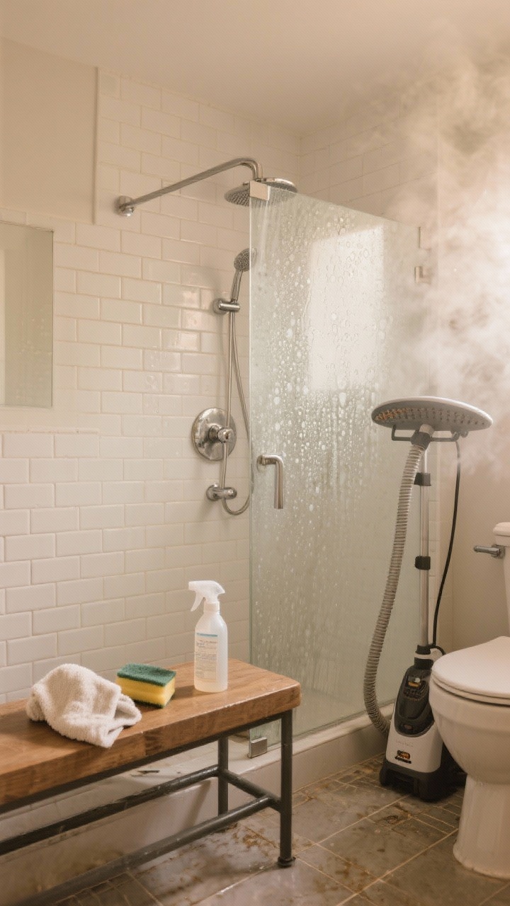 A medium shot inside a closed, steamy bathroom with the hottest shower running, glass door slightly fogged, beads of condensation on white subway tile and chrome fixtures; a microfiber cloth, sponge, and a spray bottle cleaner resting on the shower bench; warm, diffused humidity fills the space with soft lighting; include a garment steamer on the floor near grout lines and the toilet base, emphasizing loosened soap scum on tile and softened mineral buildup on chrome.