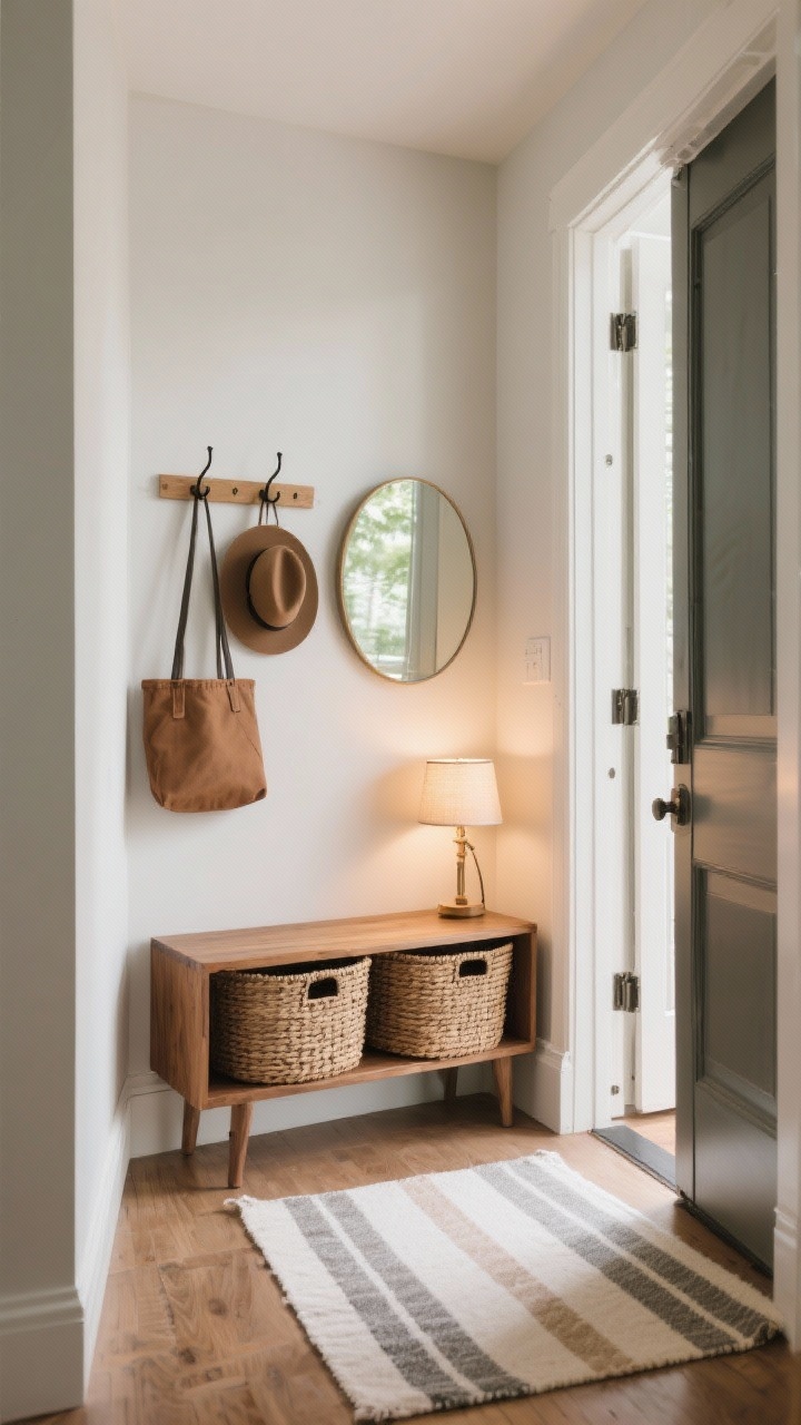 A medium shot of a compact entryway: a narrow wood console with woven baskets beneath, wall hooks corralling a hat and tote, and a round mirror catching daylight; a washable runner in muted stripes grounds the space; a small table lamp adds warm ambient glow; photorealistic, slight angle from the doorway to show flow and function.