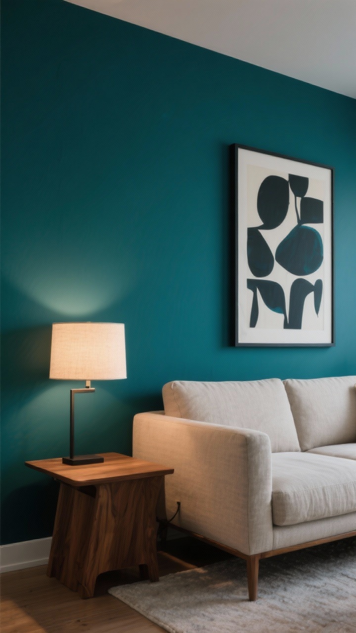 A medium shot of a living room accent wall painted in deep teal behind a neutral linen sofa, with matte finish paint and crisp, taped edges; warm wood side table, a charcoal-framed abstract art piece popping against the teal, and soft evening lamp light creating depth; modern, clean lines, no people, photorealistic.