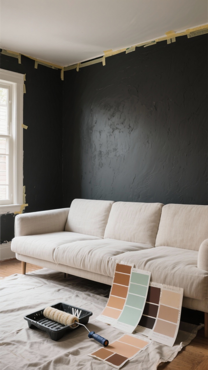 A medium shot of a living room accent wall painted in deep charcoal behind a light linen sofa, with painter’s tape still on the ceiling line for crisp edges; soft afternoon light shows matte finish and subtle roller texture, paint tray and roller in a “W” pattern on a drop cloth, sample swatches of warm clay and soft sage taped nearby; photorealistic, straight-on view, moody yet cozy atmosphere.