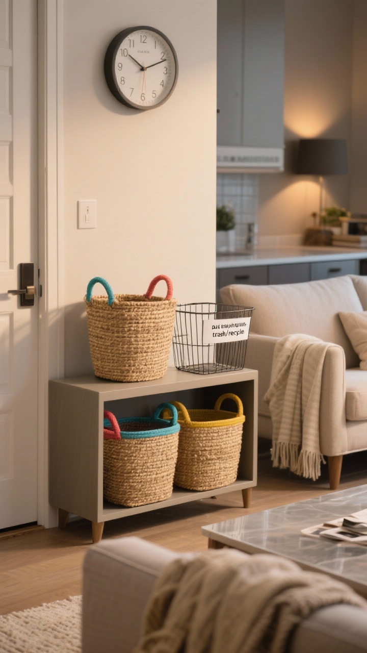 A medium shot of a living room entry zone showing the Two-Basket Tidy in action: a lightweight woven basket for “put away elsewhere” and a second wire basket labeled “trash/recycle,” both placed by a console near the entry. A color-coded basket set (subtle colored handles) rests beneath, ready for family members. The scene includes a neutral linen sofa with a folded throw, clear countertops with no piles, and a wall clock suggesting an 8–10 minute evening reset. Soft warm evening lighting, natural textures like jute and coir, photorealistic, no people.
