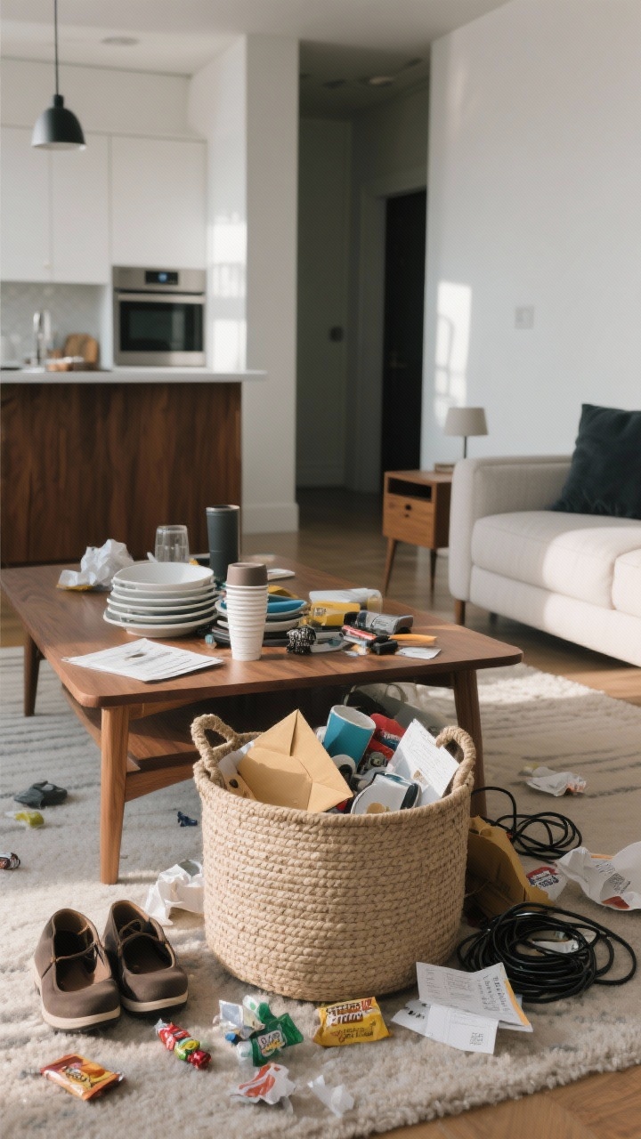 A medium shot of a modern living room during a late-afternoon 10-minute power sweep: a person-free scene with a neutral woven basket on the floor filled with visible clutter—dishes, shoes, envelopes of mail, reusable cups, and tangled cords—pulled from a walnut coffee table, white kitchen counters in the background, and a small nightstand. Include a few obvious trash items like candy wrappers and crumpled receipts on the table edge about to be tossed. Natural soft daylight, clean lines, calm palette of warm wood, white, and charcoal; emphasis on “surfaces first” and the single basket gathering everything.
