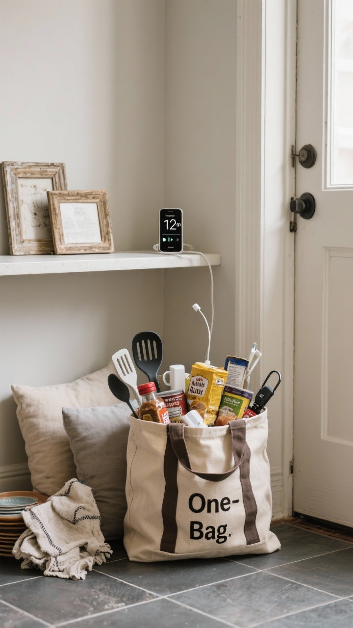 A medium shot of the One-Bag Rule in action near a doorway: a sturdy tote filled with expired pantry items and spices, duplicate spatulas and phone chargers, a couple of unloved decor frames, limp throw pillows, and worn dishcloths. A phone on the console shows a 12-minute playlist timer nearly done. Neutral walls, slate tile floor, diffused daylight; mood of momentum—bag positioned to go out immediately.