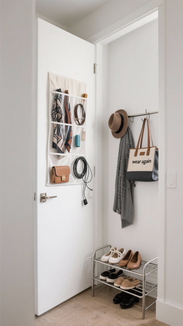 A medium, slightly angled view of a closet door fully utilized: an over-the-door organizer with clear pockets displaying accessories—scarves, belts, small bags, and a lint roller—plus a couple of rogue tech cables coiled neatly; shallow metal racks cradling shoes off the floor, and a slim hook rail holding a hat, a structured tote, and a “wear again” outfit; low-profile silhouette to suit a narrow hall; crisp white door, brushed nickel hardware, and balanced, natural indoor lighting for a clean, practical look.