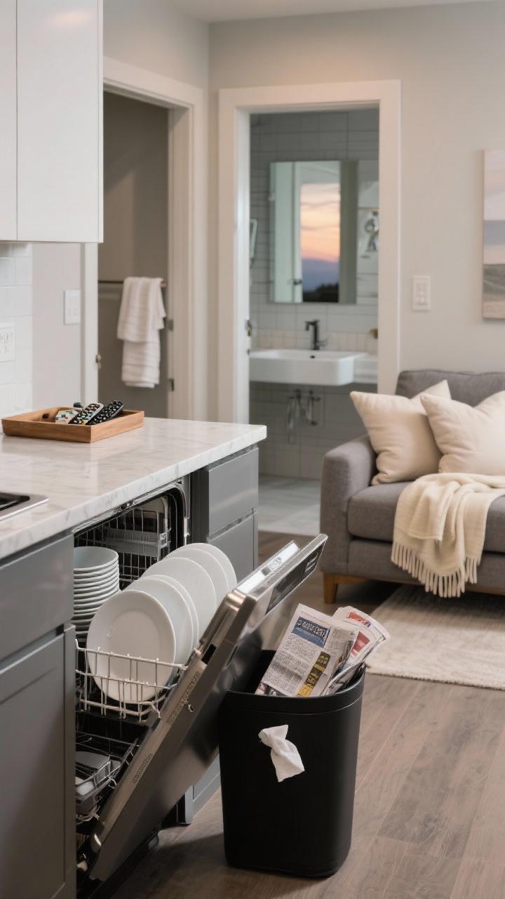 A medium, straight-on kitchen vignette showing a “two-minute reset”: a clean quartz countertop with a few white dishes being slid into a stainless dishwasher, a small stack of junk mail dropped into a matte black recycling bin, and a single wipe leaving a subtle streak-free sheen; nearby, a living room glimpse shows fluffed neutral pillows on a soft gray sofa, a folded cream throw blanket, and remotes gathered neatly in a low wooden tray; in the background, a bathroom doorway reveals a clear sink, freshly hung white towels, and a just-spritzed mirror catching soft evening light; calm, everyday realism, photorealistic.