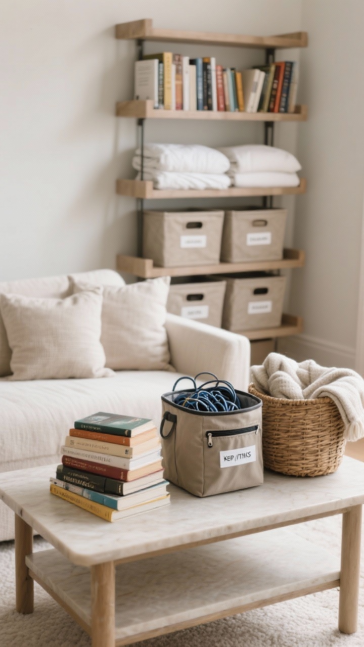 A medium, straight-on shot of a decluttering-by-category session: books gathered on a coffee table being curated into keep and donate stacks; a labeled bin for cords/tech with zip pouches and tidy labels; a basket with folded throws limited to one container. Shelving behind shows only favorite books and two sets of linens per bed stored by room in labeled bins. Calm, organized aesthetic, neutral palette with soft textures, photorealistic.