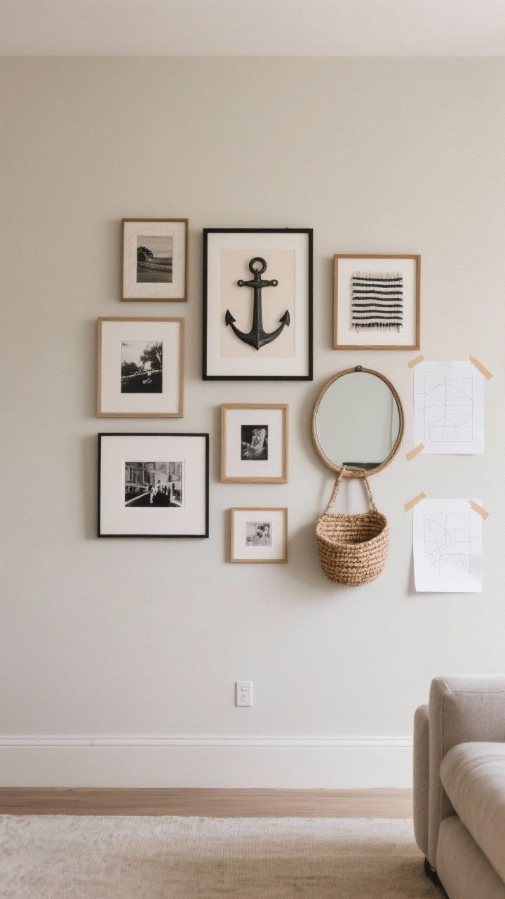 A medium, straight-on view of a living room wall arranged as an organic-grid gallery wall: start with a centered anchor piece at eye level (about 57 inches from the floor), surrounded by mixed frame sizes and finishes. Include art prints, black-and-white photos, a small textile in a frame, a mirror, and one unexpected element like a woven basket. Paper templates are taped to the wall beside a few frames to show planning and spacing. Balanced composition, neutral wall color, gentle daytime lighting. No people, photorealistic.