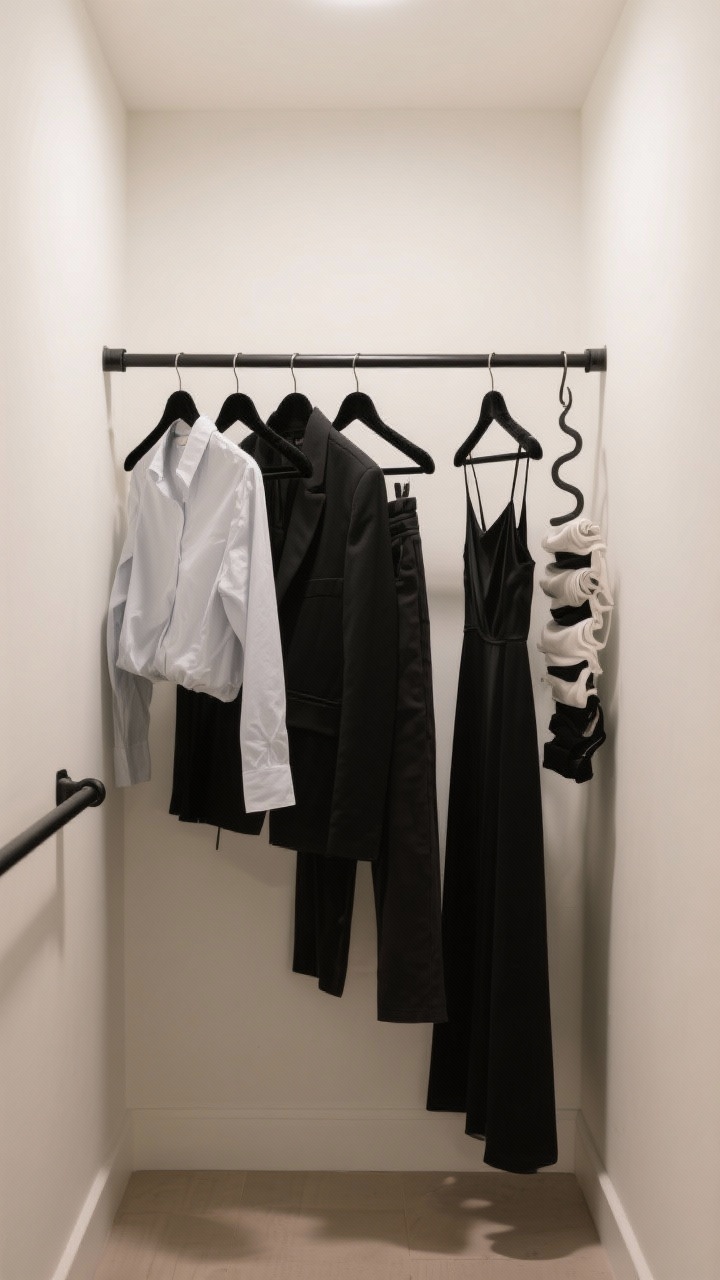 A medium, straight-on view of a tiny closet outfitted with a double-hang rod system: slim black velvet hangers holding shirts, blazers, skirts, and pants, short pieces on the top rod and slightly longer items on the bottom, with long dresses corralled to one side; include a few S-hooks and cascading hangers stacking tanks and tees vertically like a neat Tetris column; neutral palette with soft white walls, matte black hardware, and a tidy, boutique-like feel; gentle, even ambient lighting that avoids harsh shadows; no floor clutter, and a simple tension rod shown as the lower bar solution.
