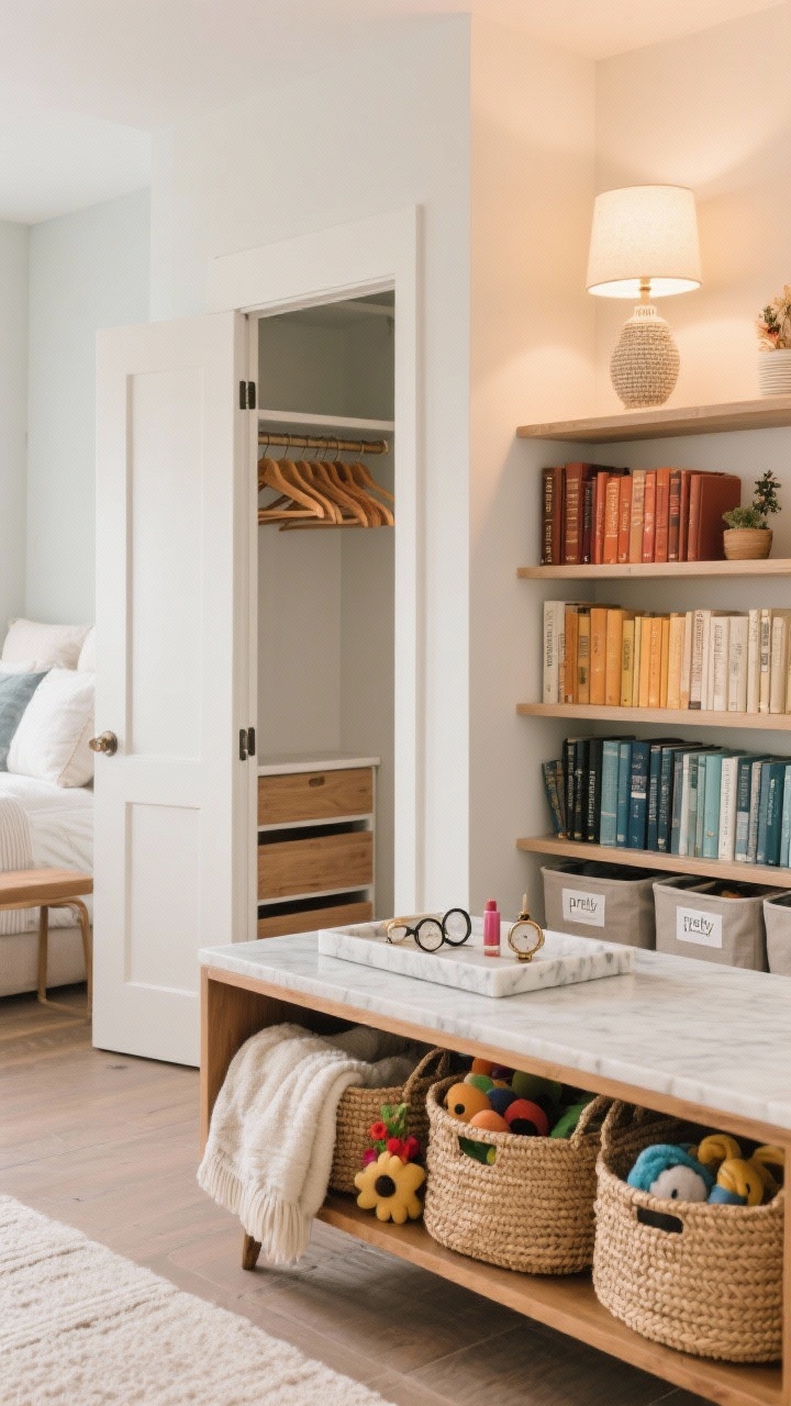 A medium, styled living area showcasing “pretty = practical” systems: matching wooden hangers visible through a partially open closet, a marble tray catch-all on a nightstand holding watch, glasses, and lip balm, woven seagrass baskets under a console hiding toys and blankets; a color-coded bookshelf where spines gradient from warm to cool, and a couple of seasonal decor pieces rotated in while off-season items rest in labeled bins on the top shelf; soft, warm lamp light, tactile textures emphasized, curated yet livable.