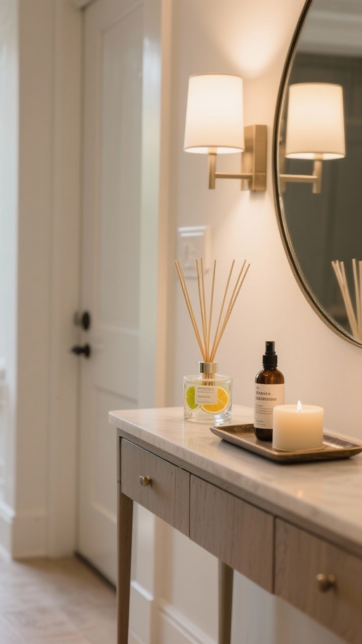 A medium vignette of a console table in an entry with a subtle signature scent strategy: a minimalist reed diffuser emitting a fresh citrus note, a small candle nearby, and a labeled spray bottle on a tray; soft, warm ambient light suggesting a welcoming mood; clean, uncluttered styling with consistent, gentle scent cues.