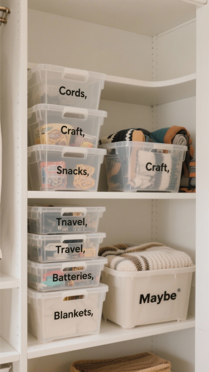 A straight-on closet shelving scene focused on “bins with boundaries”: matching stack of clear and opaque bins, each front-labeled—“Cords,” “Craft,” “Snacks,” “Travel,” “Batteries,” “Blankets,” and a distinct “Maybe” bin; smaller bins corral tiny items, larger ones hold blankets and seasonal gear; labels are bold and simple, no category mixing; shelves are white, bins in cohesive neutrals for a streamlined look; soft, even lighting, photorealistic textures.