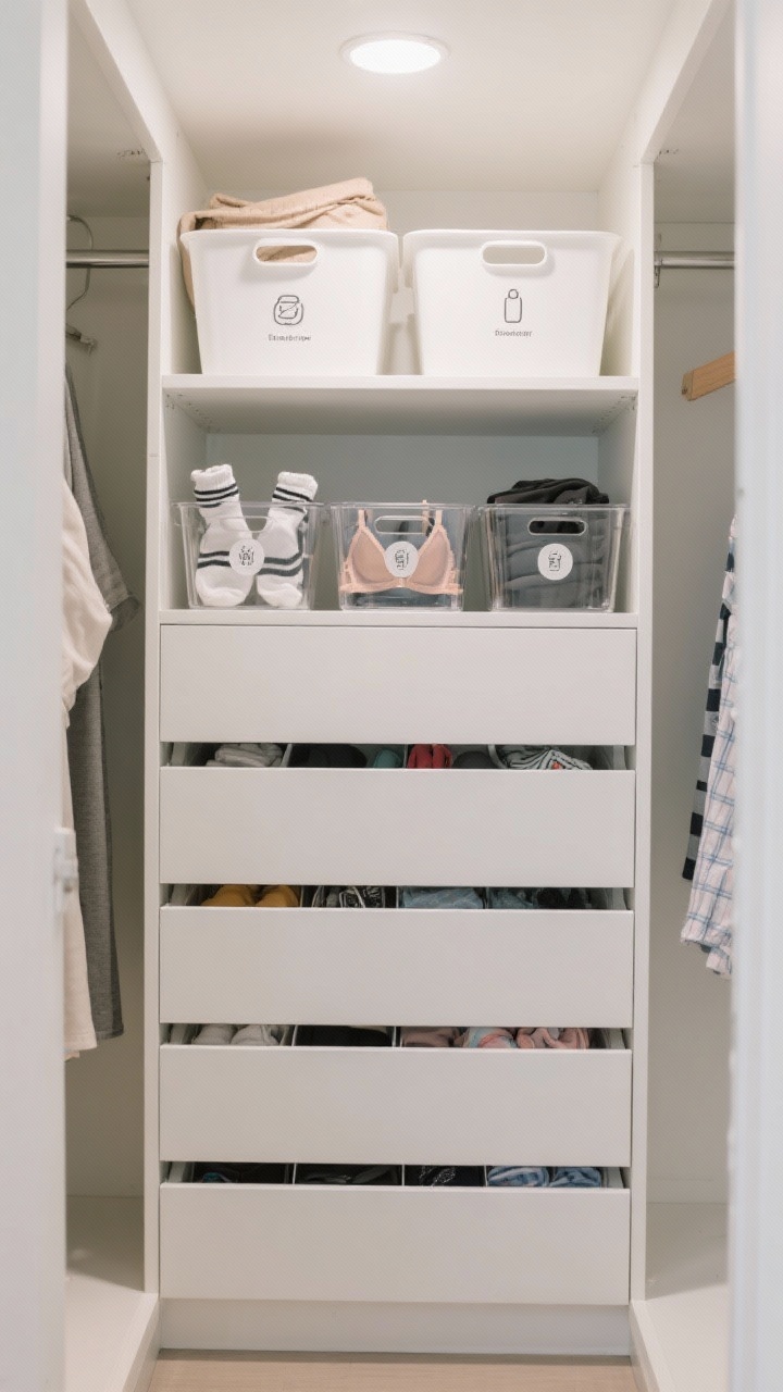 A straight-on medium shot of a compact drawer-and-bin setup inside a small closet: shallow 6–8 inch white drawer units with insert dividers neatly separating socks, bras, and accessories; clear bins showcasing folded workout gear and pajamas, with a couple of opaque bins up top for seasonal items; simple printed labels on fronts (icons and words); muted color scheme with soft whites and light grays, gentle overhead lighting for clarity, and zero visual clutter.