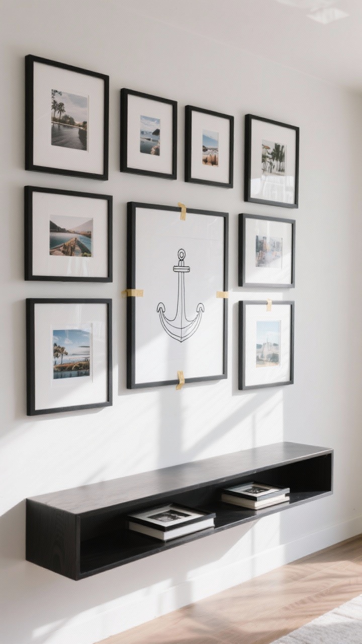 A straight-on medium shot of a curated gallery wall above a console: cohesive black frames in varied sizes arranged around a larger center anchor piece, featuring travel photos and line art; paper templates with painter’s tape still marking a few spots, uniform 2-inch spacing visible; nearby ledge shelf option with layered frames; bright natural daylight, clean modern vibe.