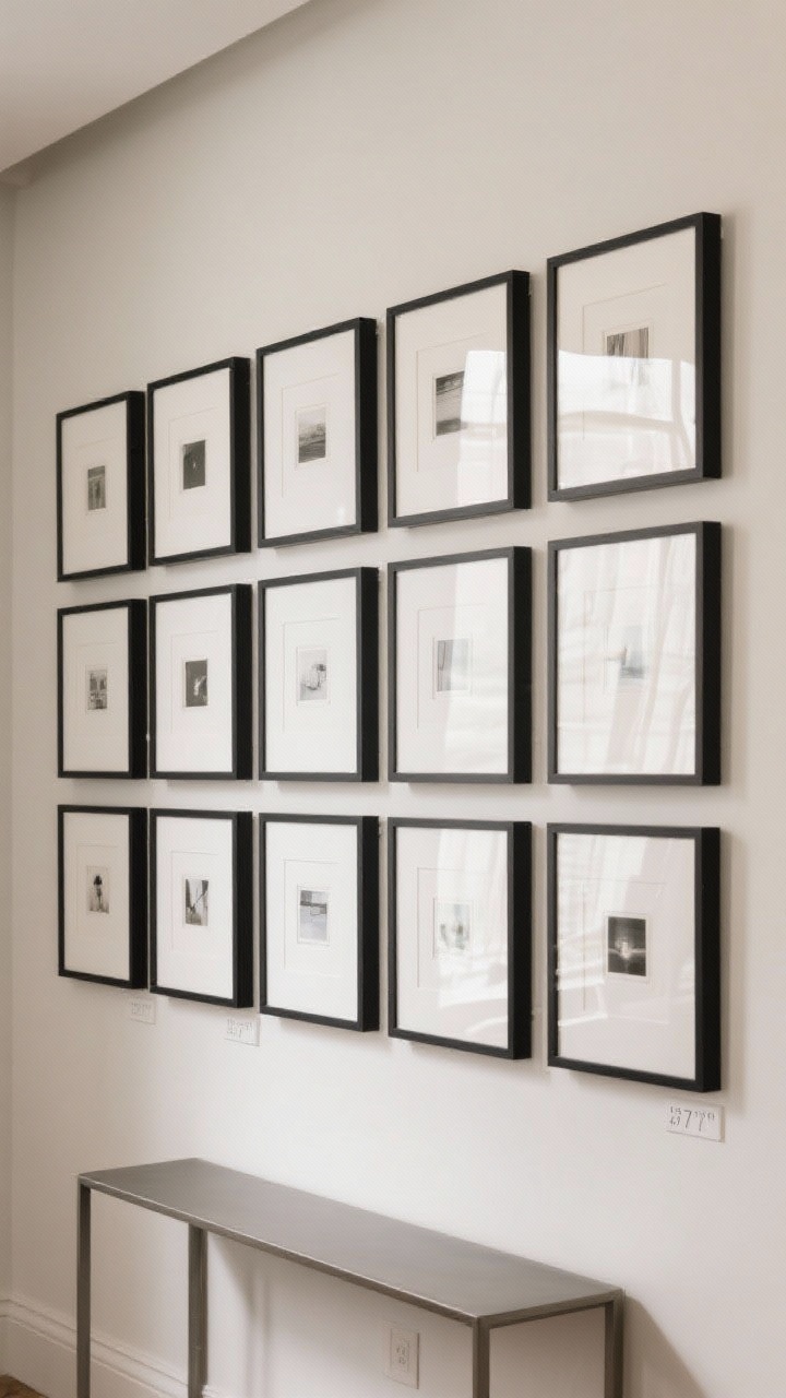 A straight-on medium shot of a gallery wall arranged in a neat grid: simple black frames with oversized white mats elevating small prints, acrylic glazing to reduce glare, consistent spacing; frames centered at eye level around 57 inches; neutral wall backdrop and a slim console beneath to ground the composition.