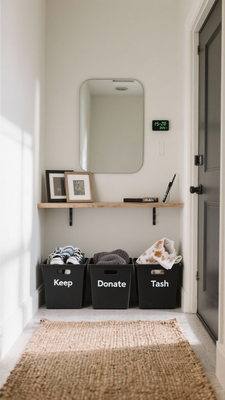 A straight-on, medium shot of a small entryway “Three-Box Blitz” zone: three clearly labeled containers side by side on a jute rug—Keep (neatly folded scarf and everyday sneakers), Donate (gently used frames and a sweater), Trash (broken pen, stained towel, crumpled packaging). A narrow console with a simple mirror above, 15–20-minute timer visible on the console. Neutral tones with matte black labels; bright natural light for a decisive, orderly mood.