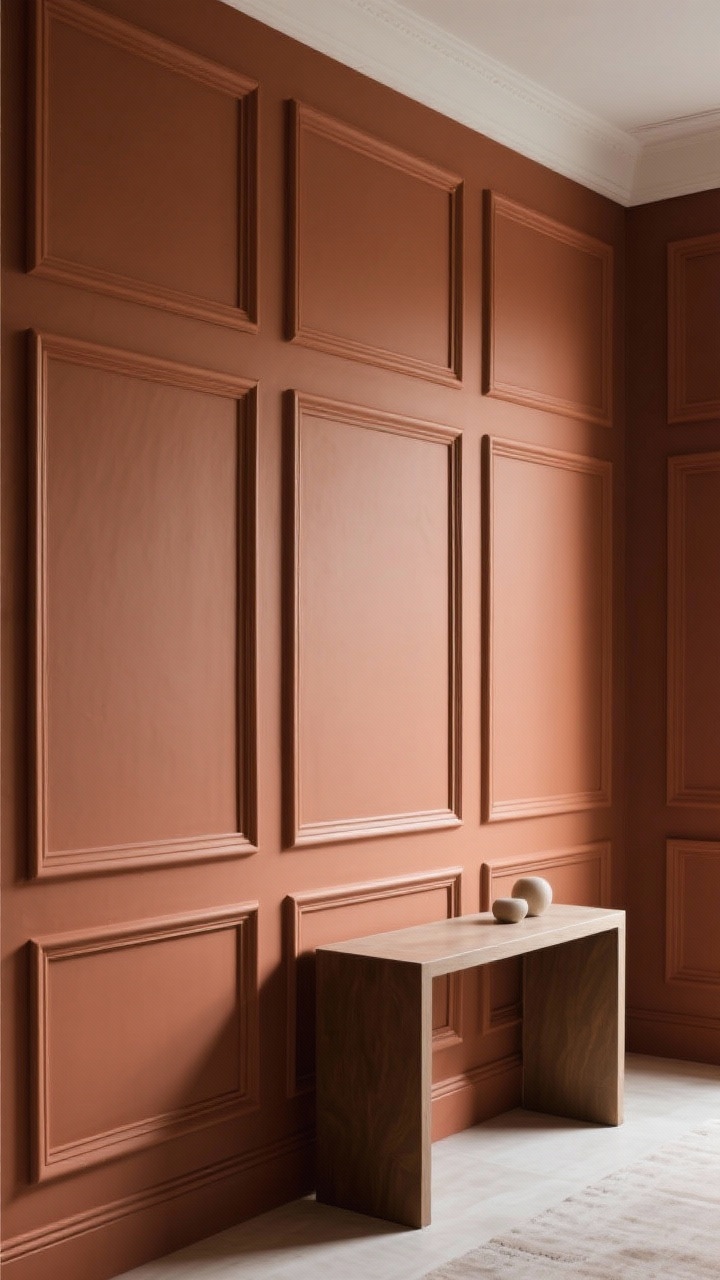 A straight-on medium shot of a wall transformed with peel-and-stick box molding: symmetrical rectangles mapped and installed, trim and wall painted the same rich clay color for a luxe, cohesive look; subtle shadows emphasize architectural lines; nearby console table with minimal decor, crisp corners, photorealistic.