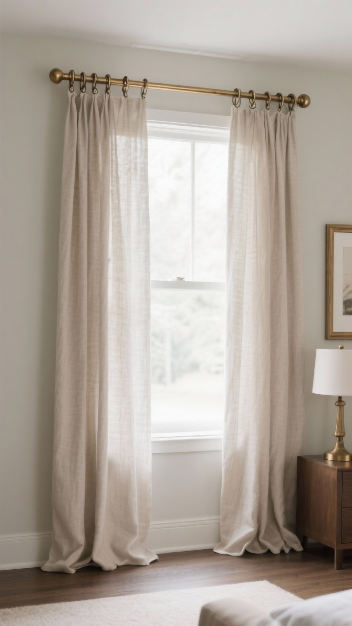 A straight-on medium shot of a window dressed with properly hung curtain hardware: the rod is mounted 8 inches above the window frame and extends 10 inches past each side, with linen-look panels pooling lightly at the floor. Use blackout-lined curtains in a bedroom setting or sheers in a living room—choose one; show clip rings at the header for an easy, tailored look. Match the curtain rod finish to nearby decor accents (e.g., brushed brass rod with coordinating picture frame and lamp). Soft daylight filtering through the fabric to highlight texture. No people, photorealistic.