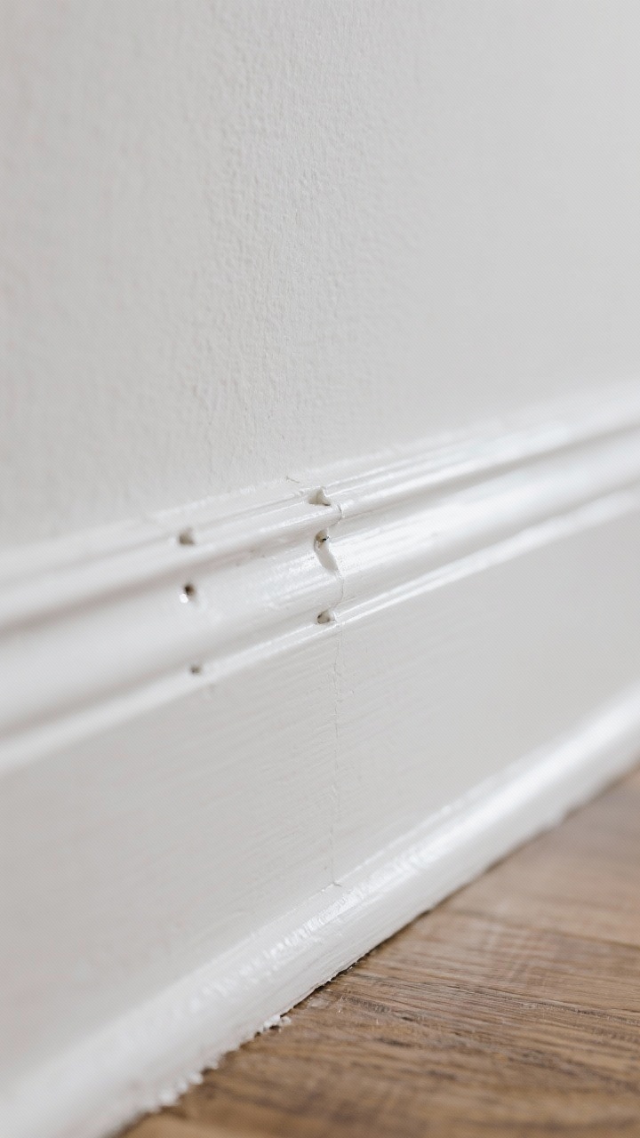 A tight closeup of pristine white baseboard trim after a weekend refresh: nail holes filled and sanded smooth, a clean bead of caulk where trim meets wall, and semi-gloss white paint reflecting light softly; crisp boundary line between wall and trim, photorealistic texture of caulk and paint sheen.