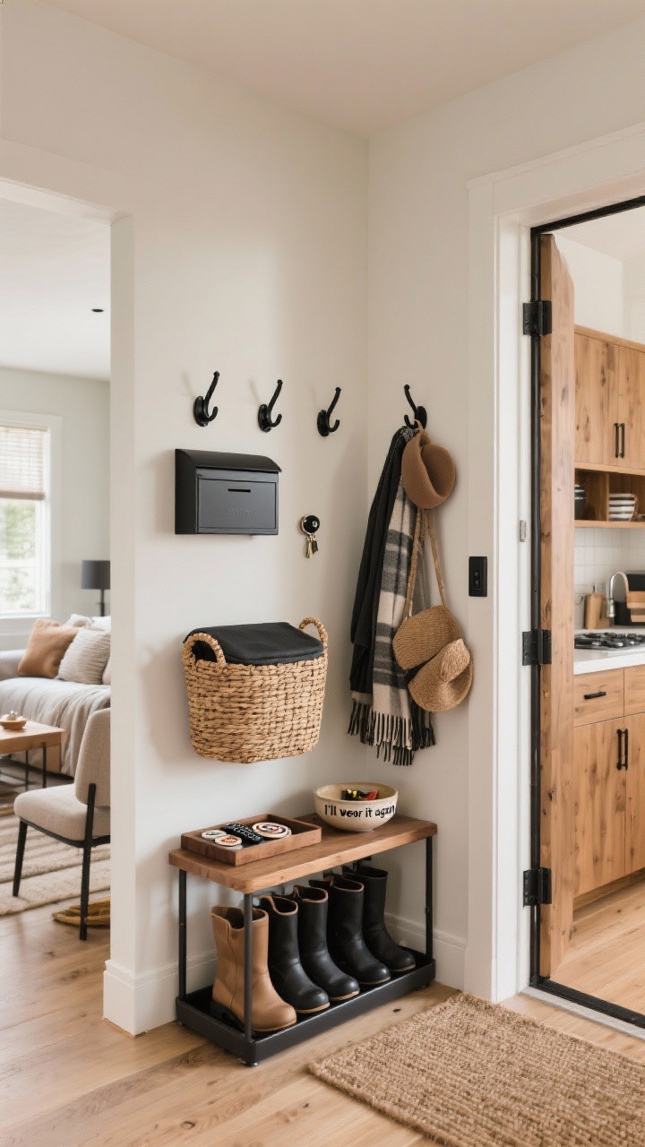 A wide corner angle of styled drop zones like a designer: entryway with matte black hooks at eye level, a boot tray with neatly lined boots, and a woven basket for scarves/hats; living room area shows a lidded basket for remotes and a tray with coasters and a lighter; kitchen wall with a slim mail bin, a small wall-mounted key hook, and a ceramic bowl for sunglasses; bedroom glimpse includes a basket for “I’ll wear it again” clothes by a chair. Cohesive tones of warm wood, black hardware, and textured baskets, soft ambient daylight, polished yet lived-in.