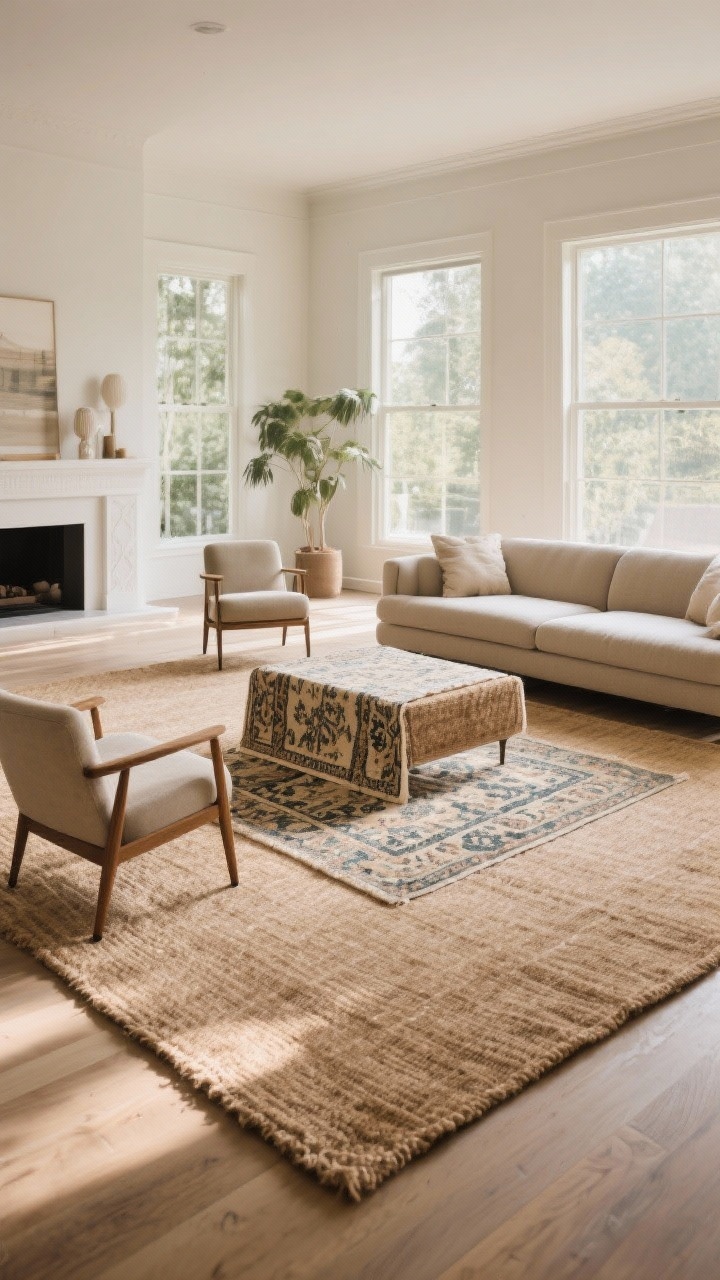 A wide living room layout emphasizing rugs: a large natural jute rug as a base with a smaller patterned vintage-style rug layered on top; sofa and chairs with front legs on the rug to anchor the seating area; balanced furniture arrangement, soft afternoon light; photorealistic, slightly elevated angle to show proportions and sizing.