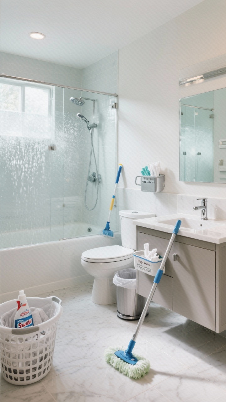 A wide, organized bathroom overview showing a “top-down, left-to-right” speed clean in progress: counters cleared into a laundry basket, shower walls and glass freshly sprayed and pre-steamed, sink and faucet sprayed, toilet bowl cleaner sitting in the bowl; mirror and fixtures already wiped to a shine; squeegee resting by the tub; disinfecting wipes by the toilet; chrome quickly polished; a compact cleaning caddy under an open sink cabinet; final step visible with a Swiffer spot-mopping the floor and a small trash bin ready to be emptied; bright, efficient daylight.
