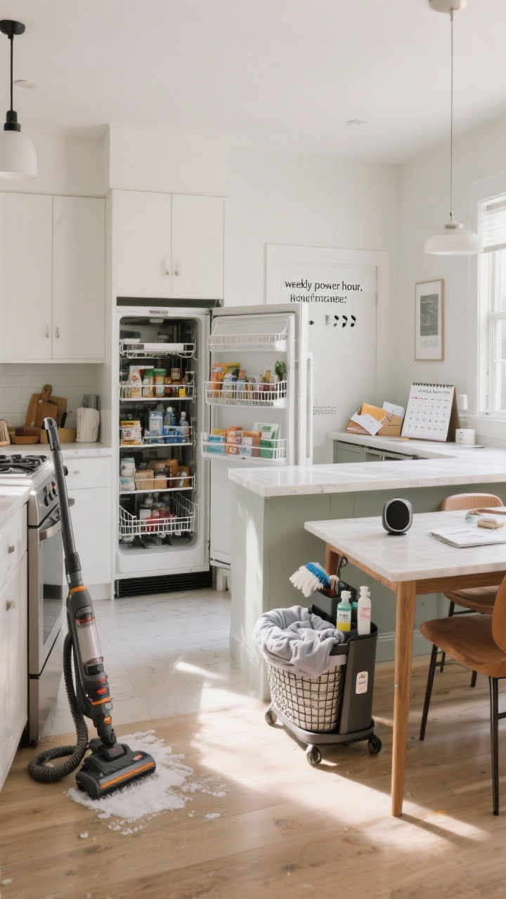 A wide shot of a kitchen-dining area mid “weekly power hour,” no people: counters cleared and wiped, fridge door open showing freshly organized shelves with expired items removed, dishwasher running indicator on; a laundry basket nearby with one neatly folded load finished; a small desktop station with sorted mail, a paid bill marked, and a calendar open to a newly scheduled appointment; vacuum leaning near high-traffic floors just cleaned; a compact, stylish cleaning caddy on the table stocked with essentials; upbeat daylight, subtle playlist vibes implied by a small speaker.